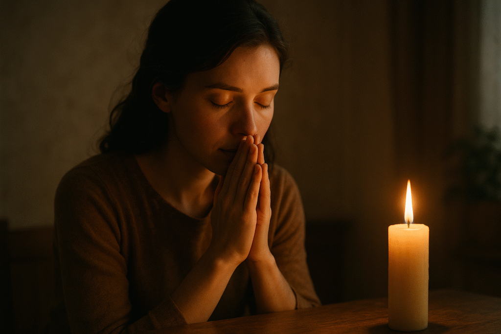 Pessoa rezando diante de vela acesa, simbolizando o amor de Deus na busca pela santidade.