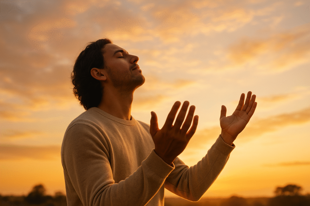 Pessoa em gratidão, olhando para o céu, vivendo o amor de Deus em sua vida.