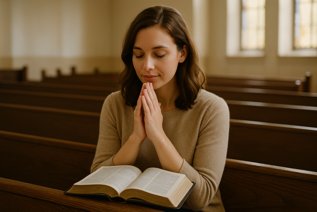 Oração diária cristã, reflexão espiritual com Bíblia aberta