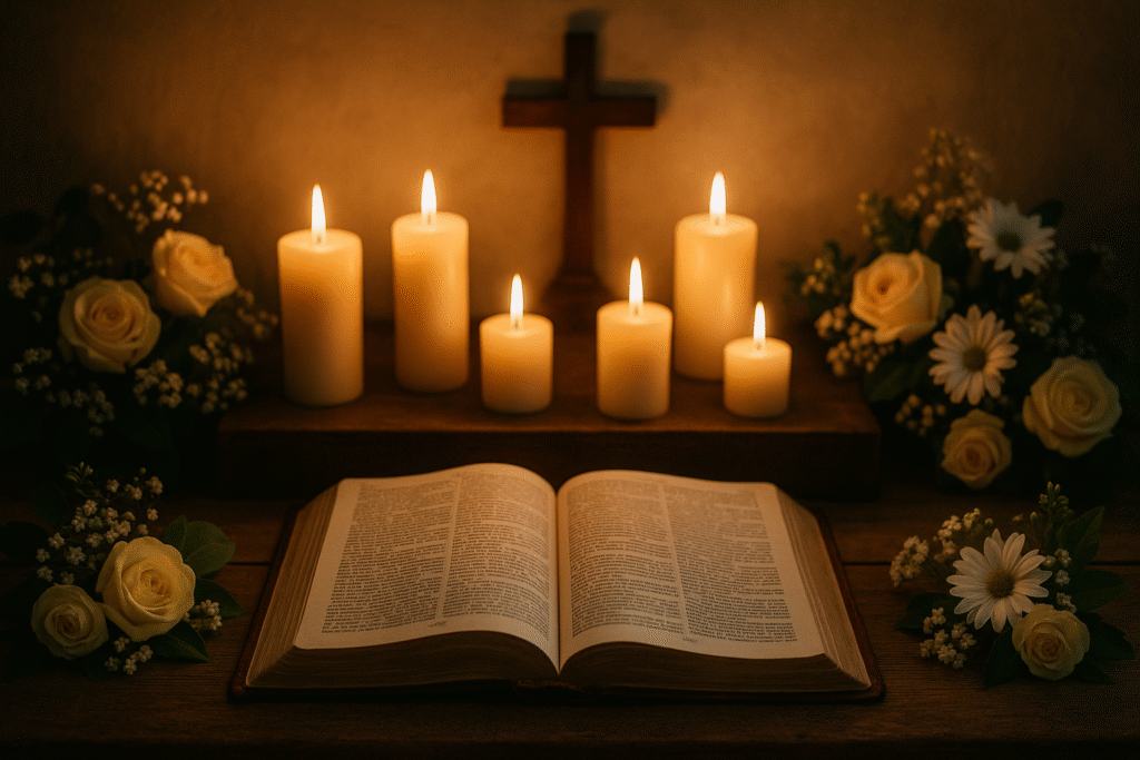Oração de agradecimento, altar com Bíblia e velas