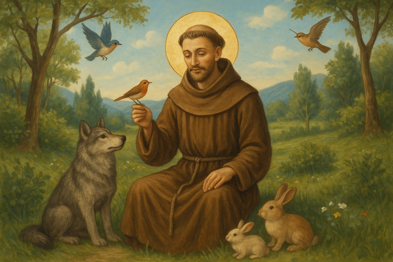 São Francisco de Assis em paz com a natureza, rodeado por animais.