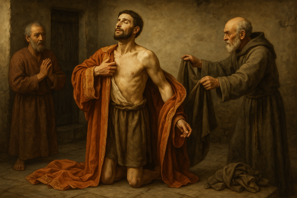 São Francisco de Assis renunciando à riqueza e adotando a pobreza.