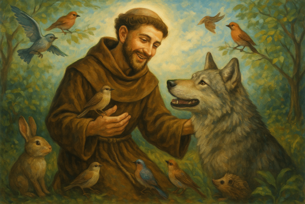 São Francisco de Assis mostrando amor e respeito pela criação.