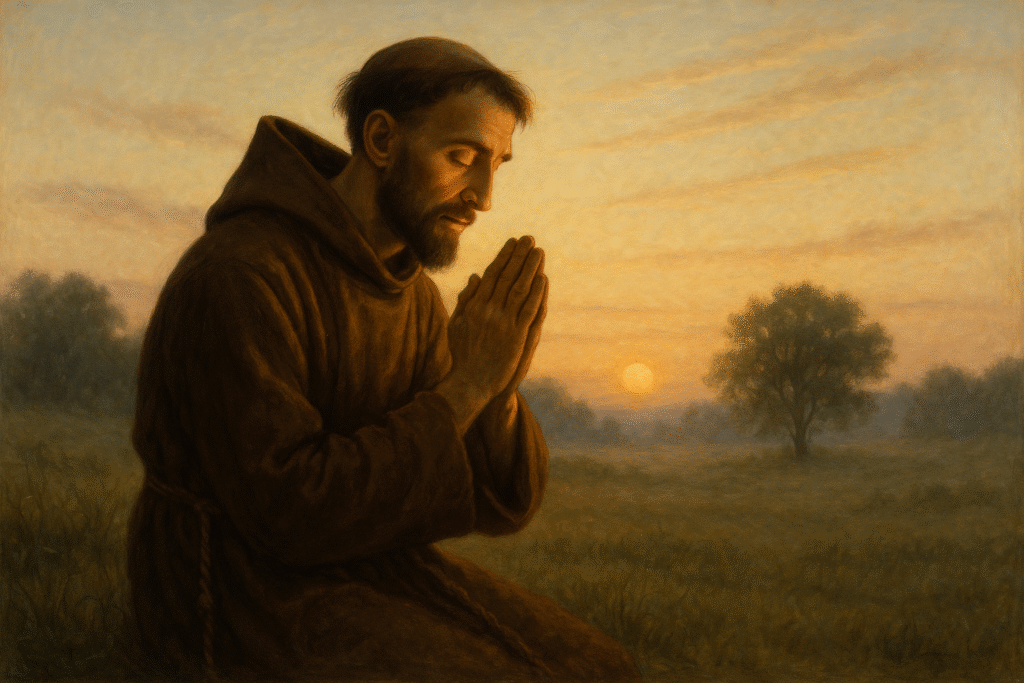 São Francisco de Assis rezando em um campo, buscando conexão com Deus.