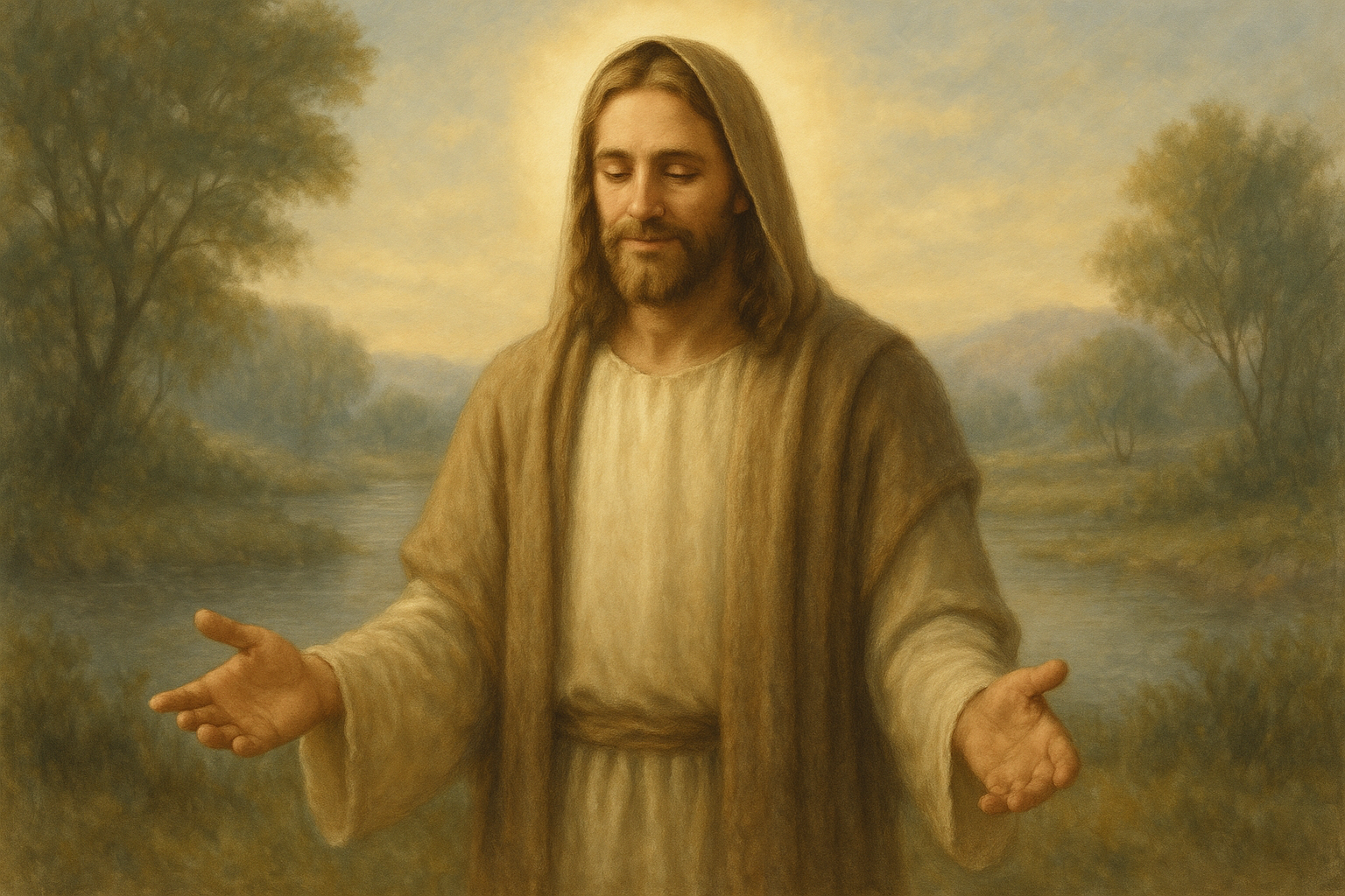 Imagem de Jesus transmitindo mansidão e humildade com um gesto de acolhimento em uma paisagem serena