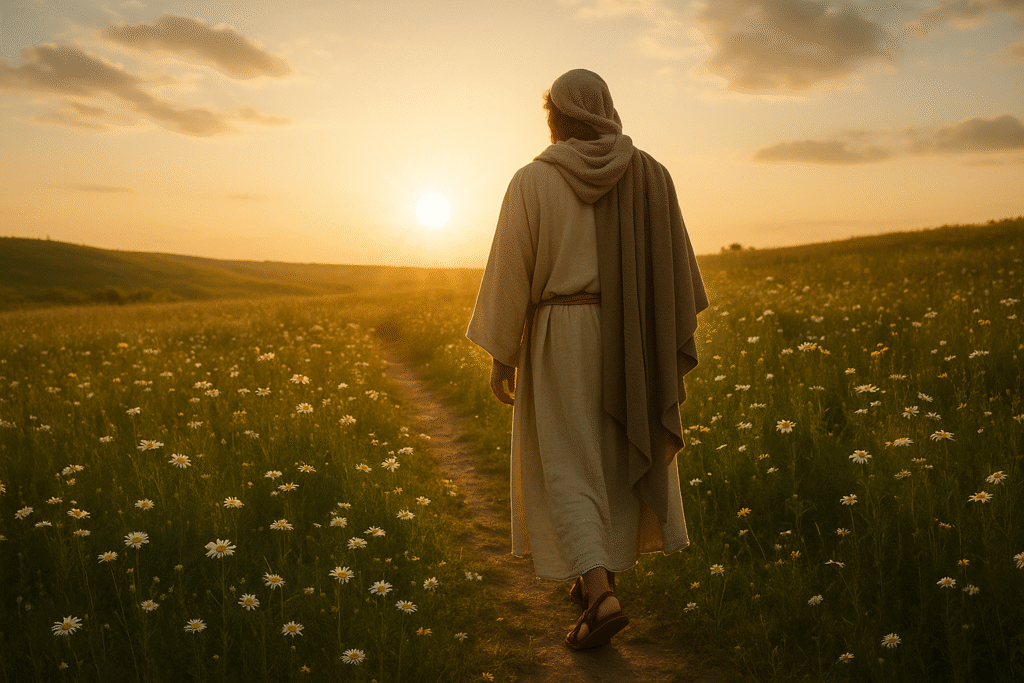 Imagem de uma pessoa caminhando por um campo iluminado, simbolizando a jornada cristã de humildade. Aprendei de mim, que sou manso e humilde de coração