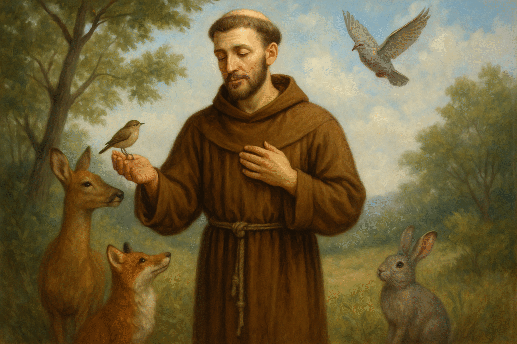 São Francisco de Assis, exemplo de vida humilde e mansa, rodeado pela natureza e animais.