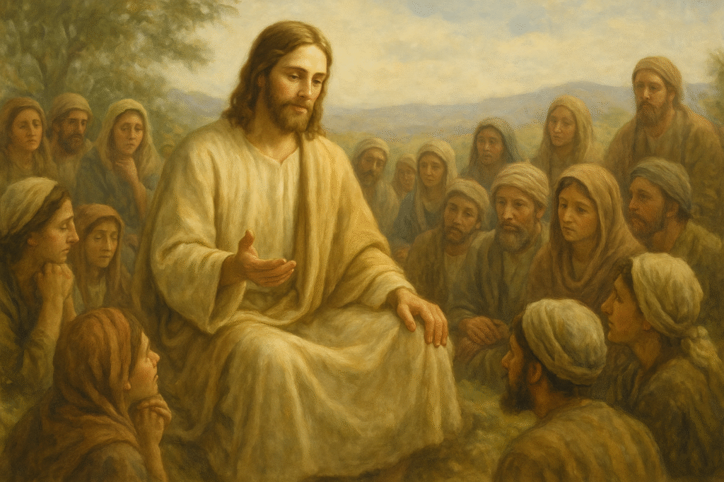 Jesus ensinando aos discípulos sobre a mansidão e humildade, com expressão serena.