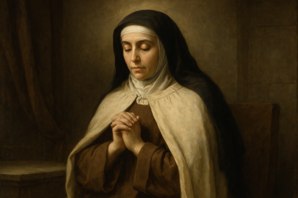 Santa Teresa de Ávila em meditação, refletindo sobre a humildade e a vida cristã.