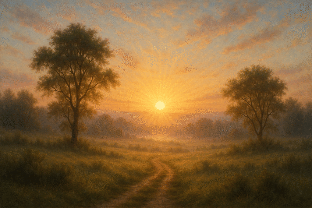 Paisagem ao amanhecer, simbolizando a jornada cristã através da humildade e mansidão.