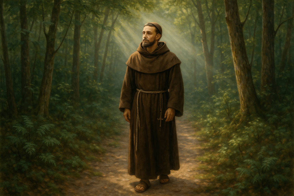 "Monge franciscano caminhando por uma trilha tranquila, refletindo sobre a jornada espiritual.