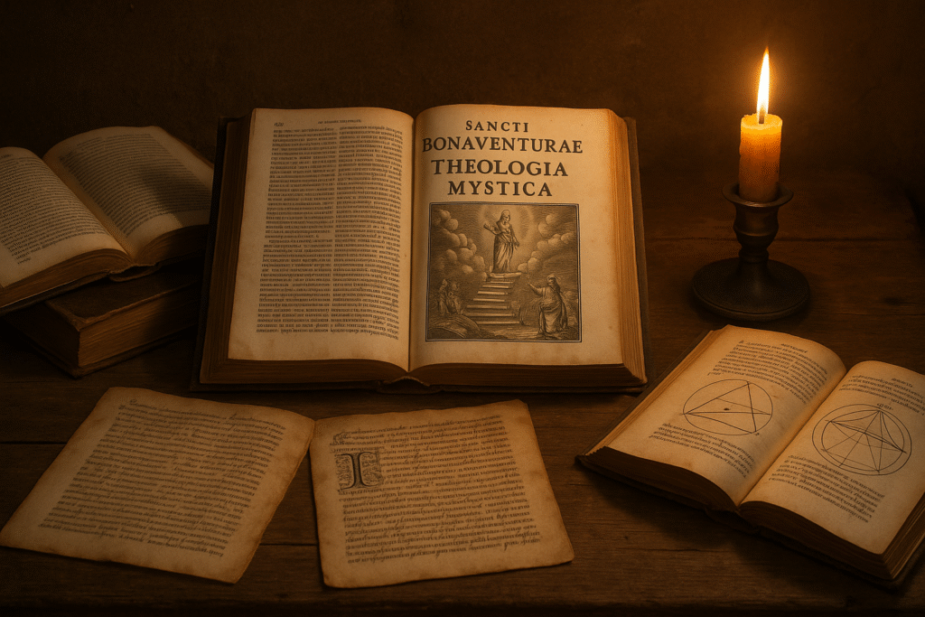 Manuscritos e livros sobre teologia e espiritualidade, refletindo a obra de São Boaventura