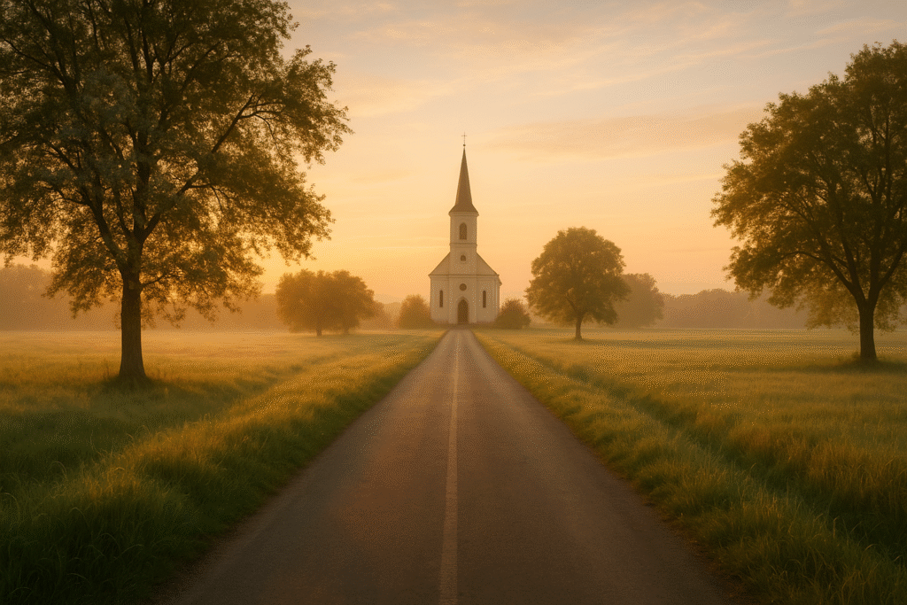 Estrada tranquila rumo a uma igreja, simbolizando o caminho de santidade e as virtudes cristãs