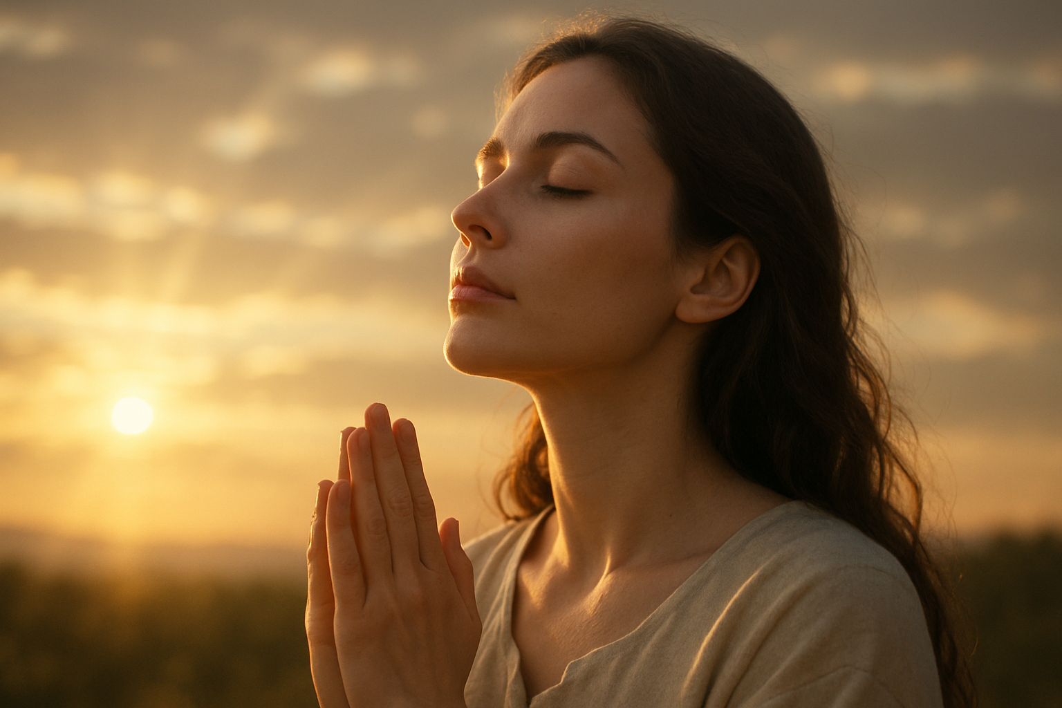 Imagem de uma mulher orando, com serenidade e devoção, refletindo sobre 'Minha alma engrandece o Senhor