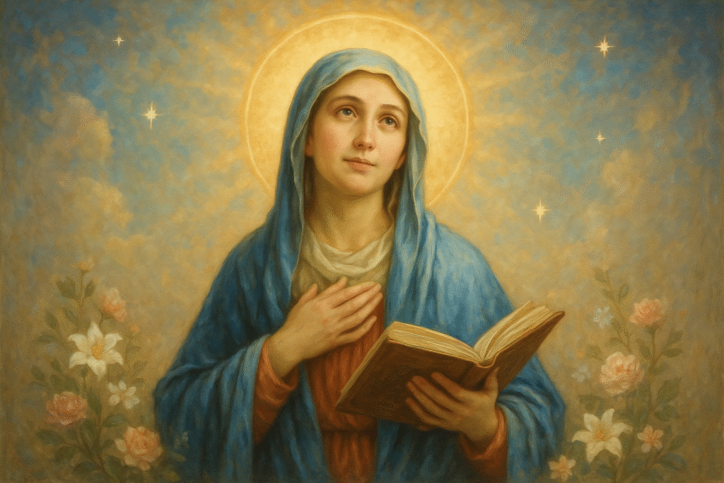 Imagem de Maria com o Magnificat, simbolizando gratidão e devoção a Deus.