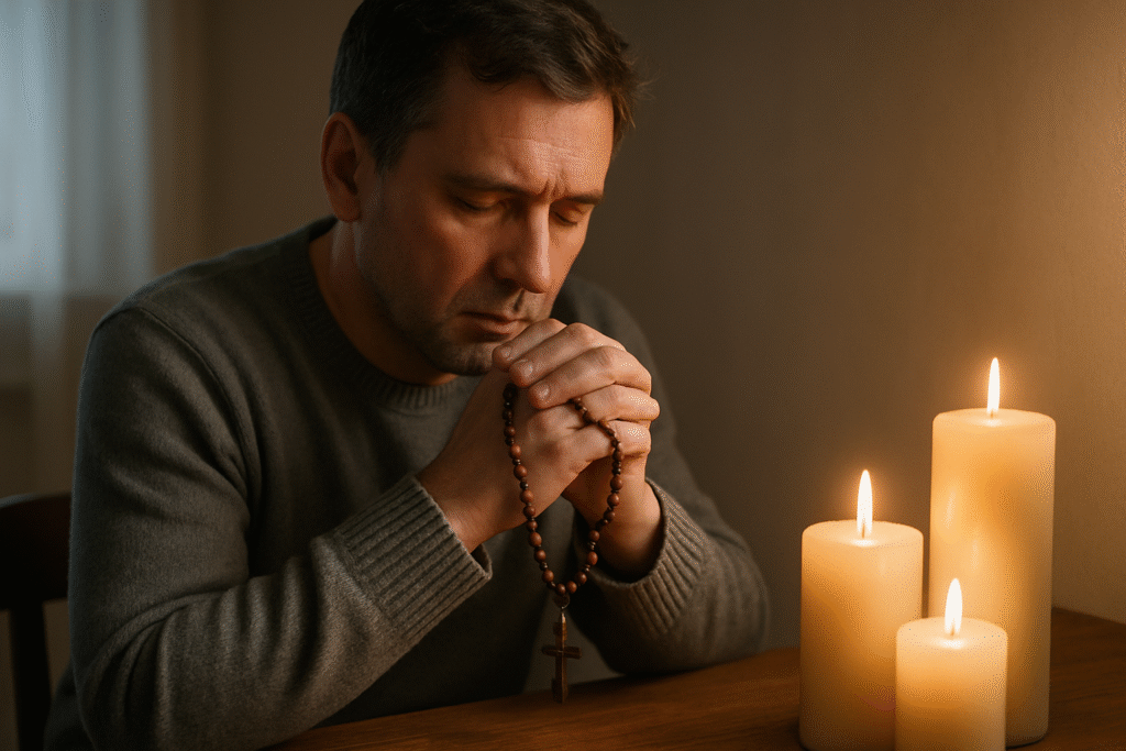 Imagem de uma pessoa rezando o Rosário, simbolizando devoção e louvor a Deus