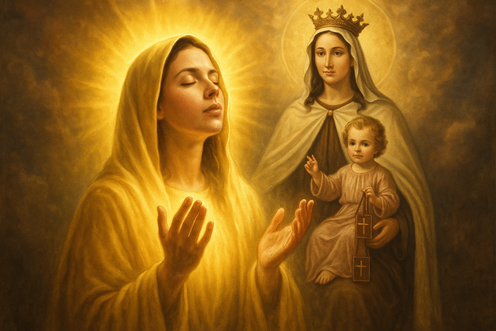 Mulher rezando com proteção espiritual de Nossa Senhora do Carmo