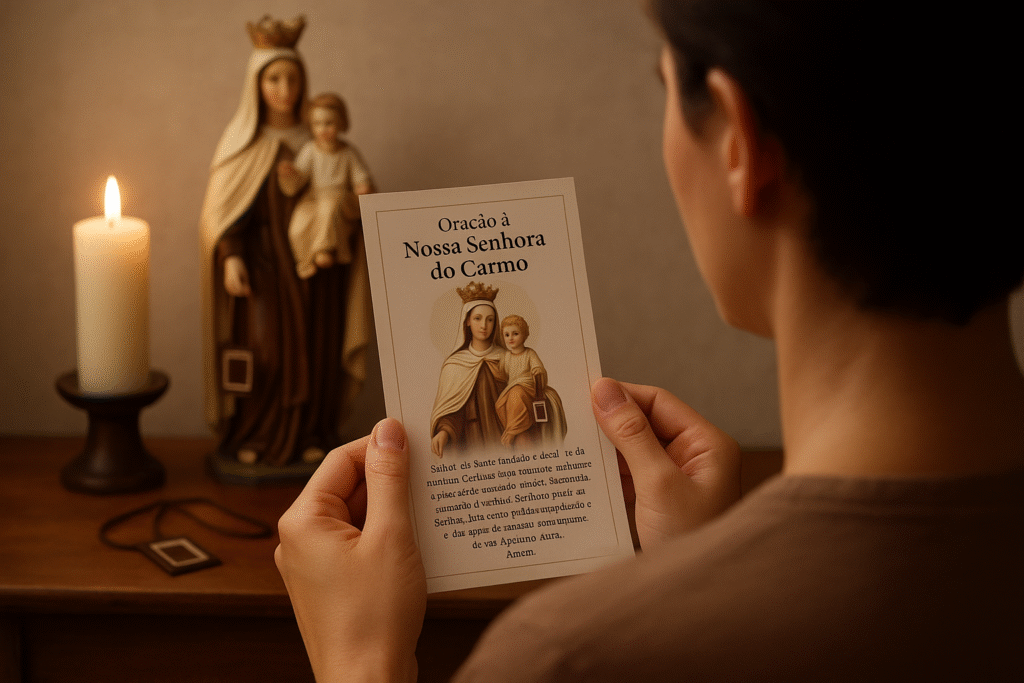 Pessoa rezando a Oração de Nossa Senhora do Carmo com o Escapulário