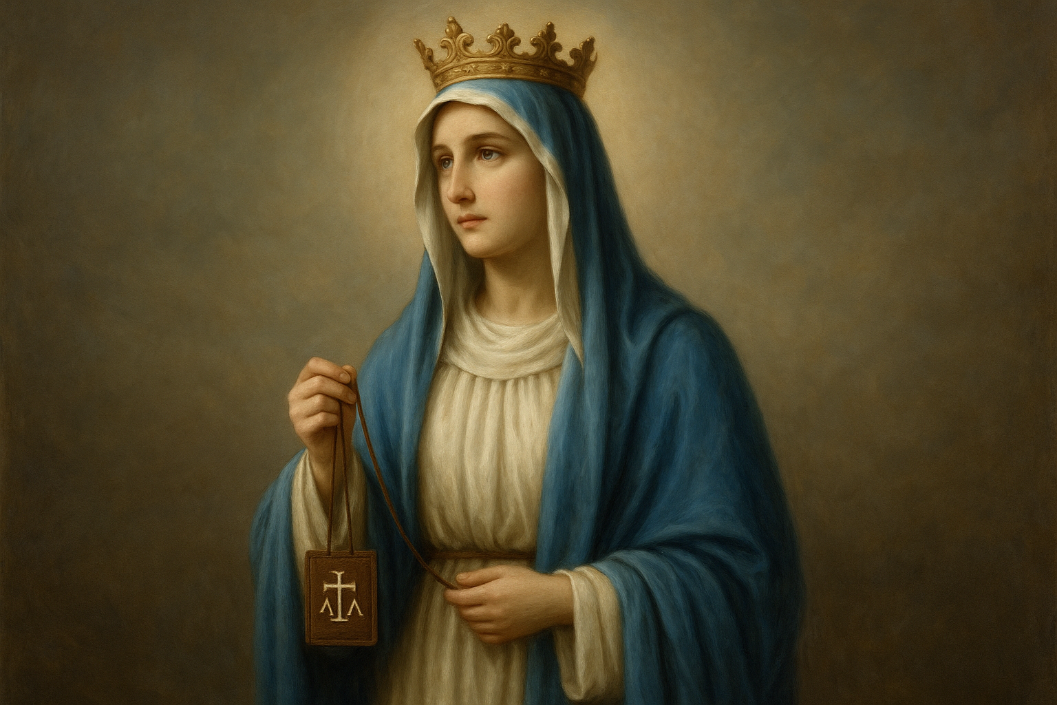Imagem realista de Nossa Senhora do Carmo segurando o Escapulário, representando proteção materna