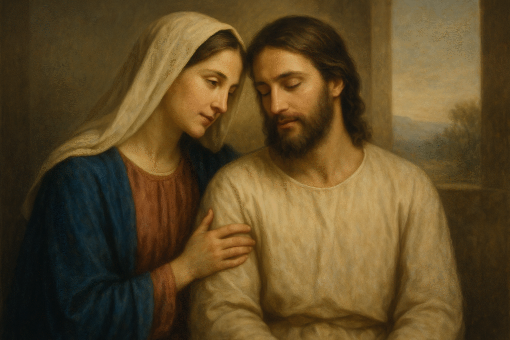 Maria e Jesus, uma representação de Maria como mãe intercessora e protetora.