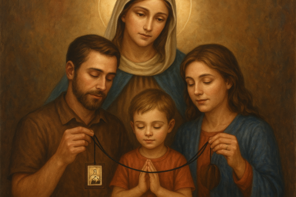 Família sendo protegida por Nossa Senhora do Carmo, com o Escapulário como símbolo de fé.