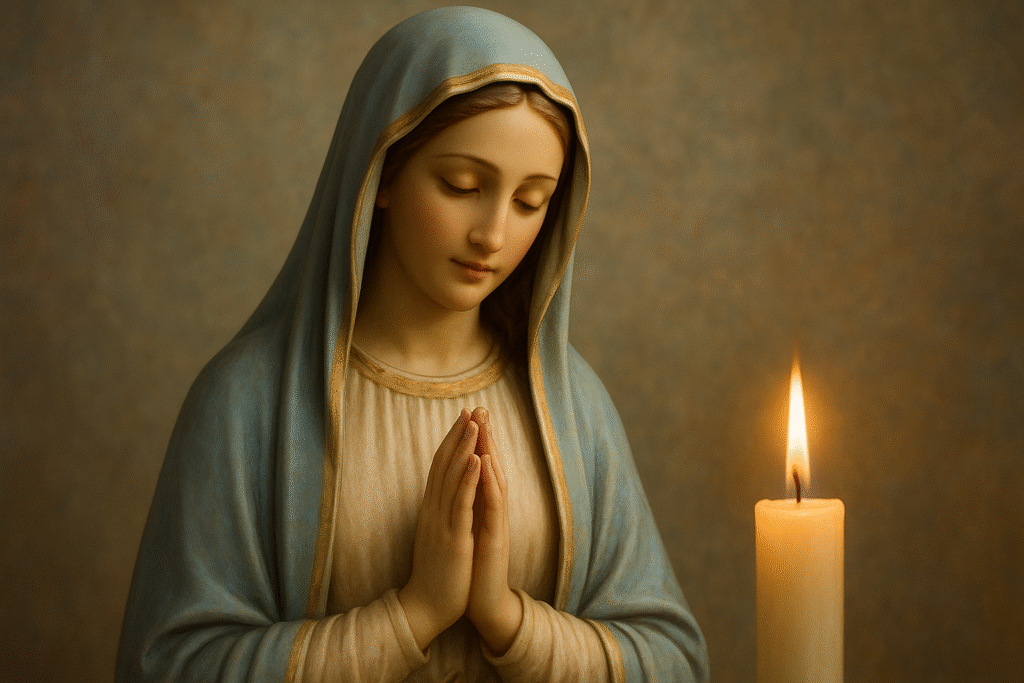 Estátua de Nossa Senhora com vela, simbolizando a devoção mariana