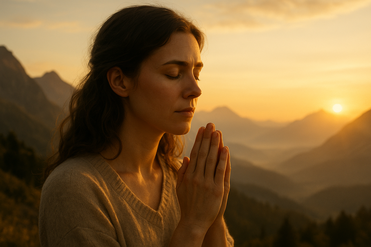 Mulher orando ao amanhecer expressando entrega à vontade divina.