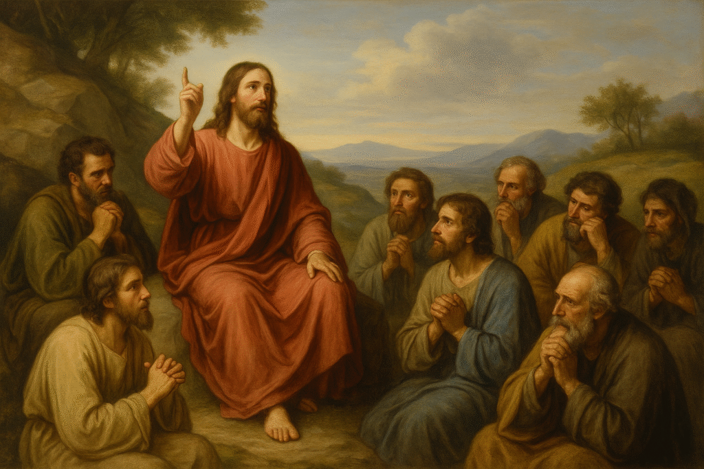 Jesus ensinando o Pai Nosso aos discípulos no Sermão da Montanha.