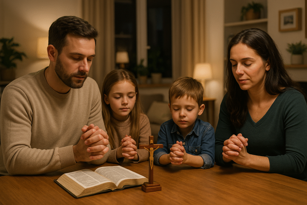 Família católica orando unida, vivendo a espiritualidade no cotidiano.