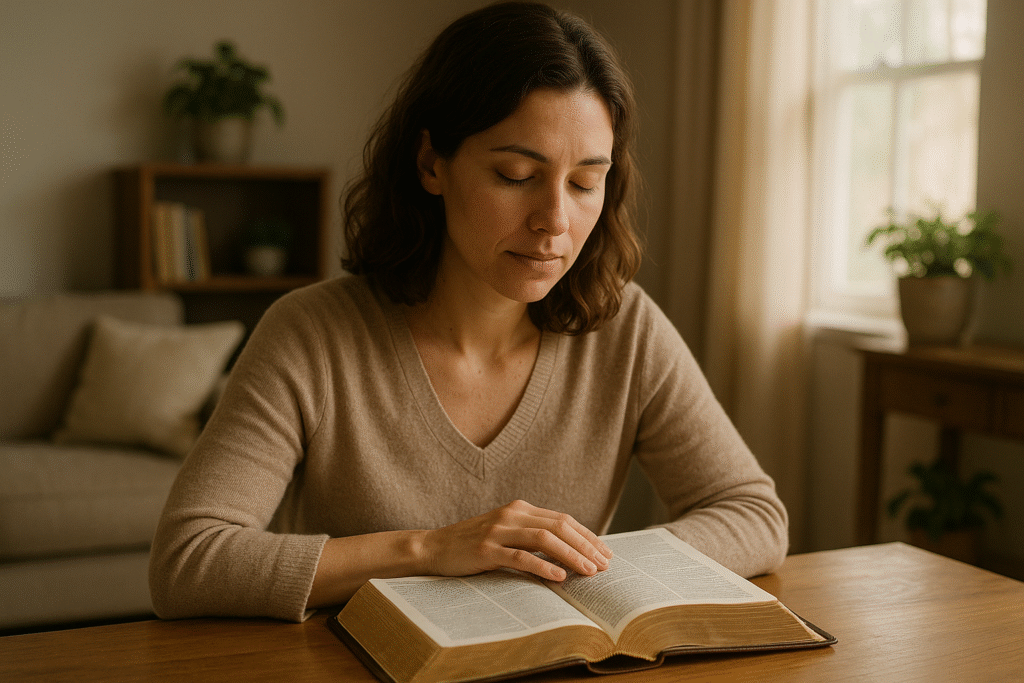 Mulher lendo a Bíblia pela manhã em casa, cultivando discernimento espiritual