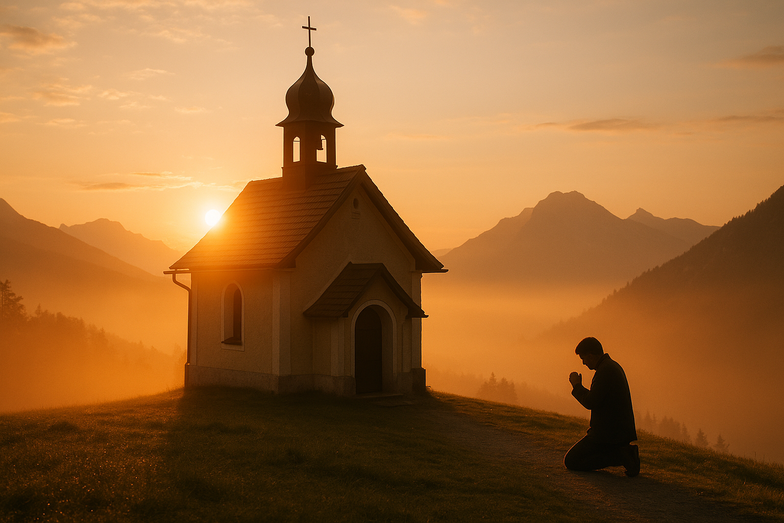 Pessoa orando diante de uma capela ao amanhecer, simbolizando entrega espiritual