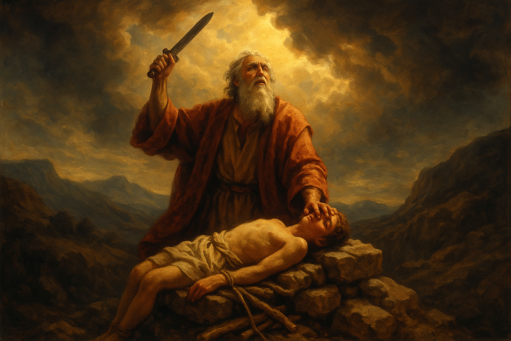 Abraão e Isaac no Monte Moriá, representando fé e obediência a Deus