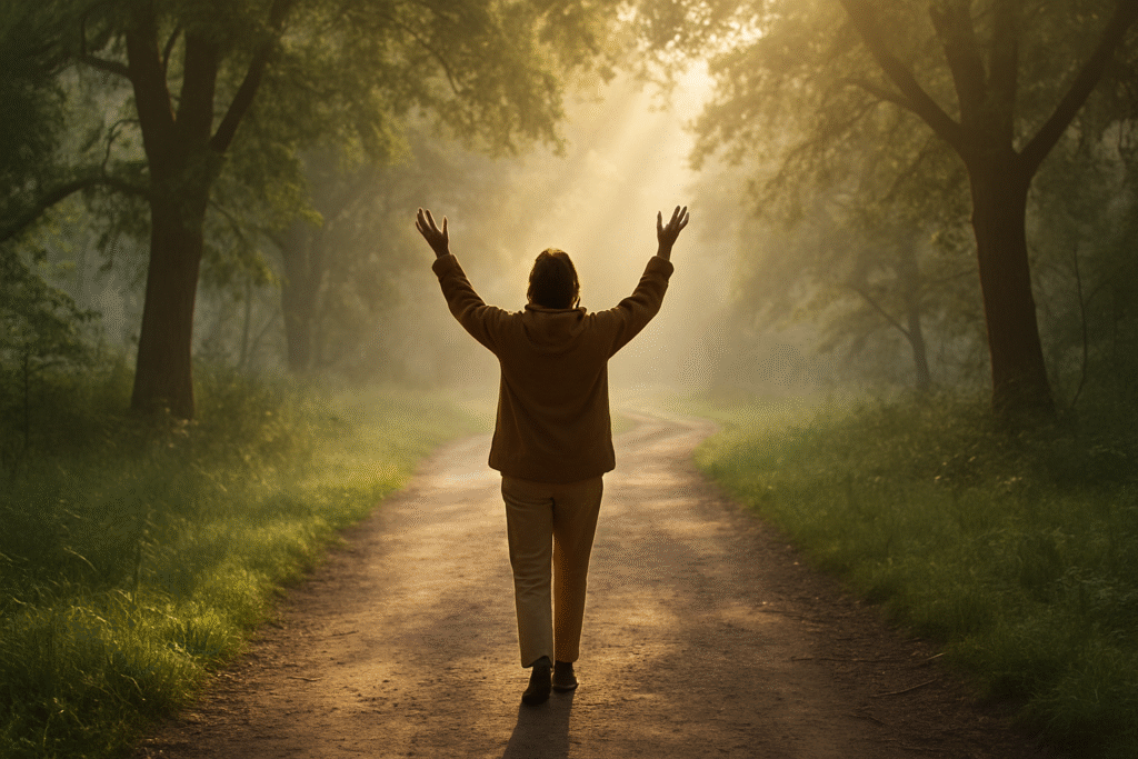 Pessoa caminhando com os braços erguidos ao céu, representando entrega a Deus