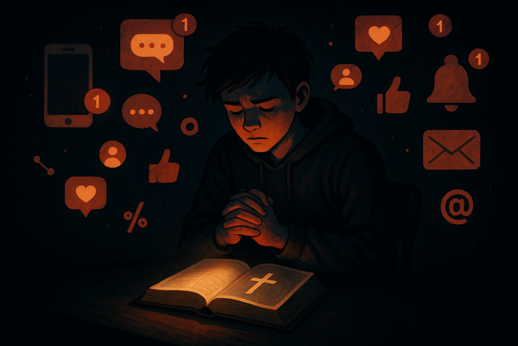 Pessoa cercada por distrações digitais tentando se concentrar na Palavra de Deus