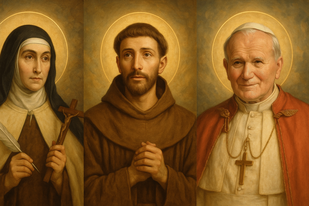 Retratos de Santa Teresa d’Ávila, São Francisco e São João Paulo II como modelos de obediência