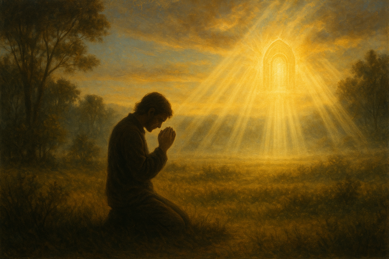 Pessoa orando em busca do Reino de Deus, iluminada por luz celestial, ao amanhecer em um campo tranquilo.