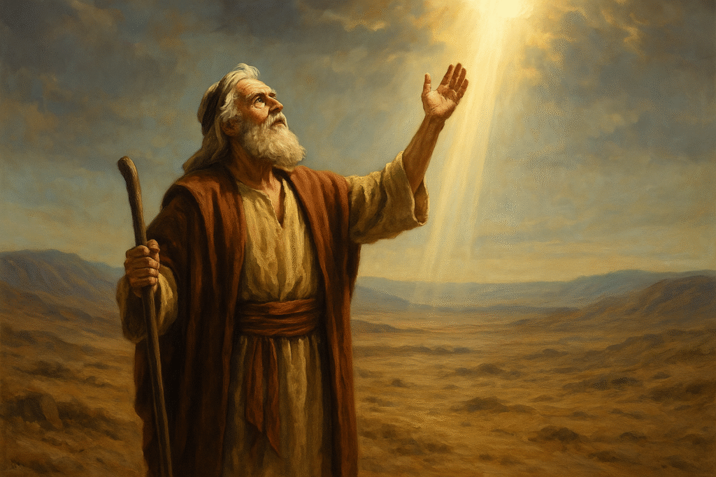Abraão em um cenário desértico, com fé e confiança, buscando o Reino de Deus, com luz divina irradiando do céu.