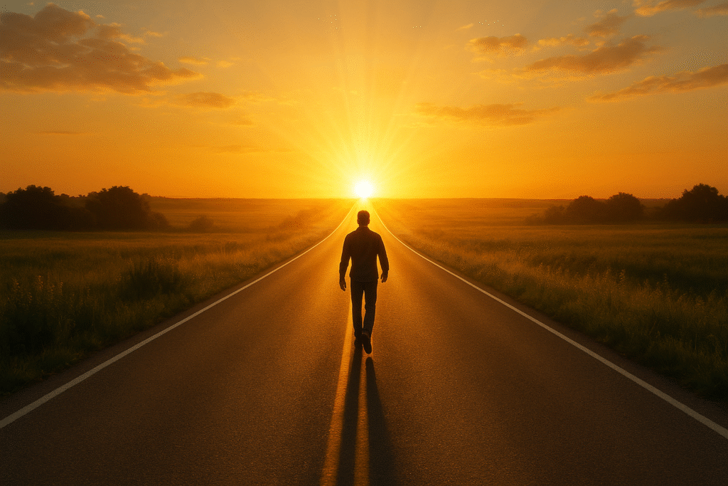 Pessoa caminhando por uma estrada iluminada, em direção ao Reino de Deus, com luz dourada ao fundo.