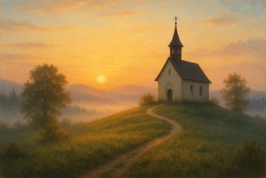 Paisagem serena com uma igreja ao amanhecer, simbolizando confiança em Deus