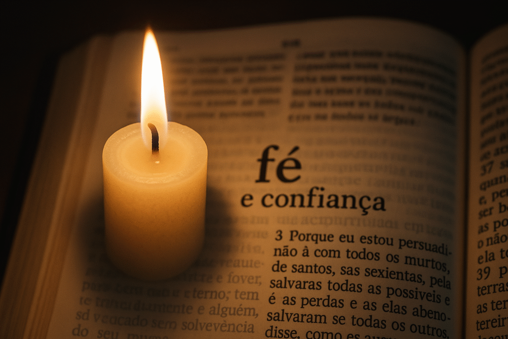 Vela acesa diante da Bíblia aberta, simbolizando oração e confiança em Deus