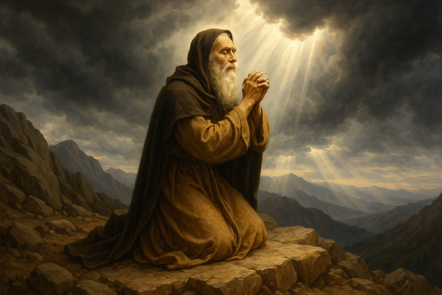Santo Elias orando em montanha, em cena de fé profunda.
