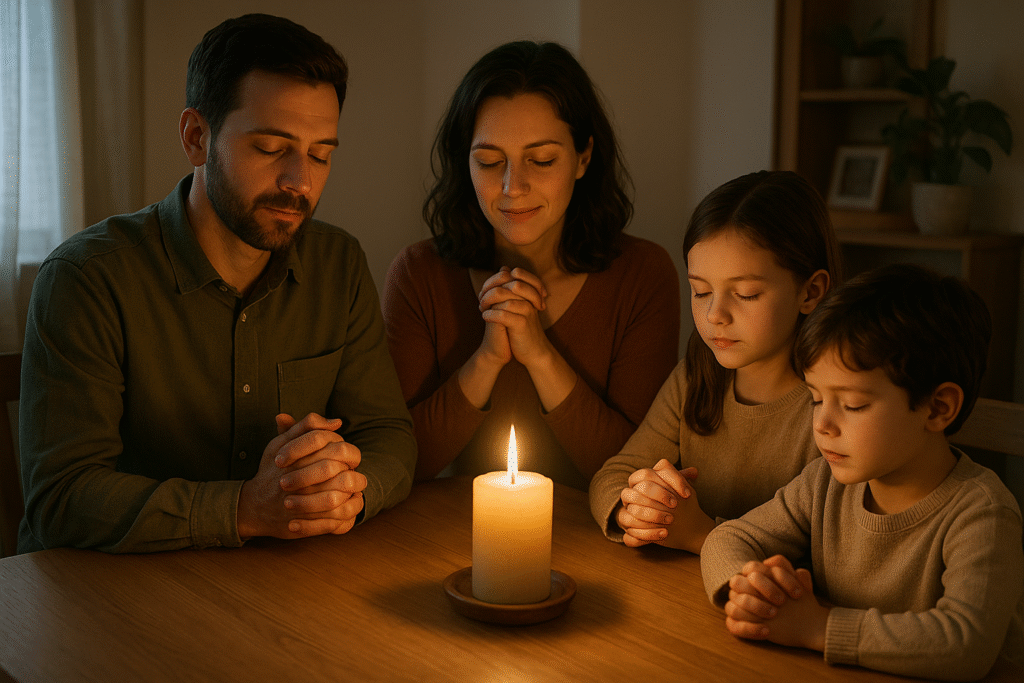 Família cristã orando em casa, simbolizando a aplicação da justiça e fidelidade.