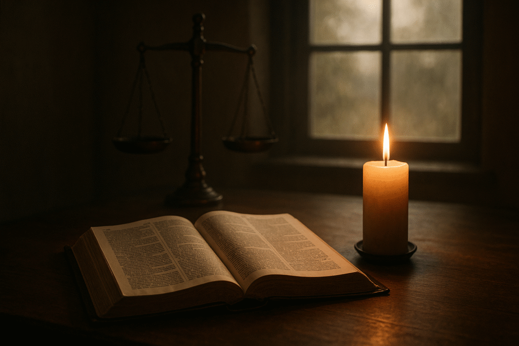 Mesa de oração com Bíblia aberta, simbolizando a busca pela justiça divina. Para buscar o essencial