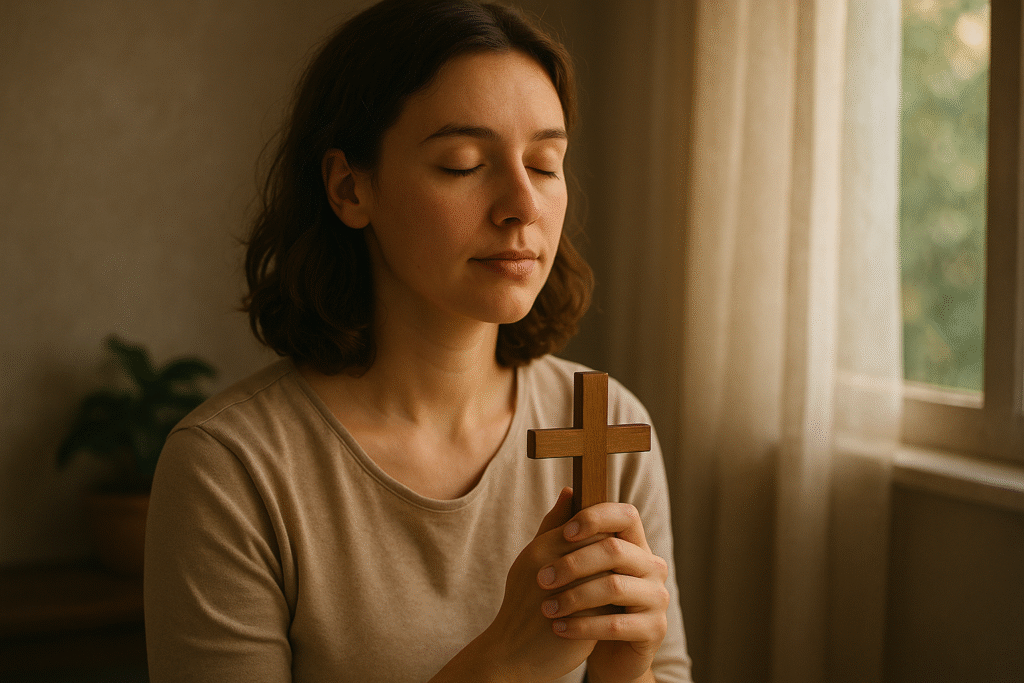 Pessoa meditando com cruz nas mãos, buscando fidelidade a Deus