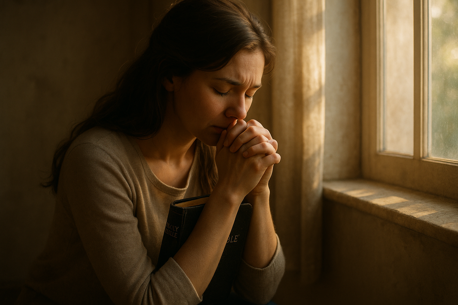 Mulher em oração profunda com Bíblia nas mãos, simbolizando conversão e amor profundo.