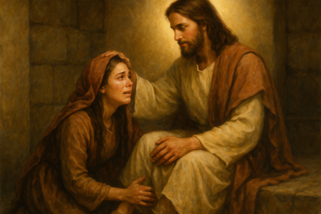 Uma imagem de uma mulher em uma cena bíblica, ajoelhada aos pés de Jesus, com lágrimas nos olhos, enquanto Ele a olha com compaixão. O ambiente deve ser acolhedor, com uma luz suave emanando de Cristo, simbolizando perdão e transformação através do amor. Muito lhe Foi Perdoado Porque Muito Amou