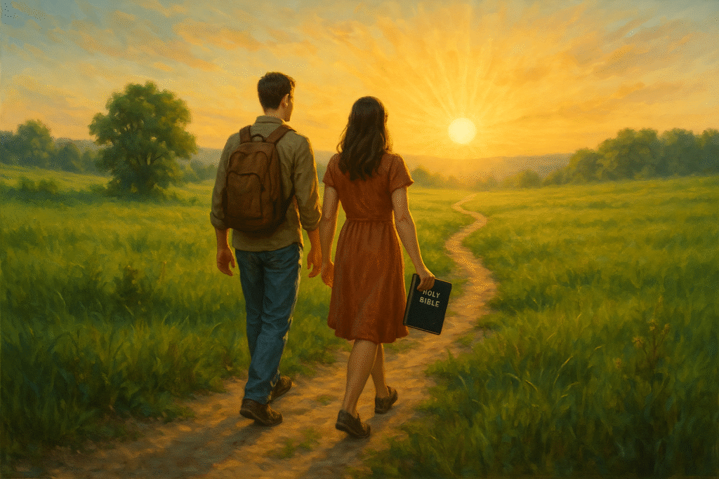 Casal caminhando pela trilha com Bíblia, representando o caminho da conversão e crescimento espiritual.