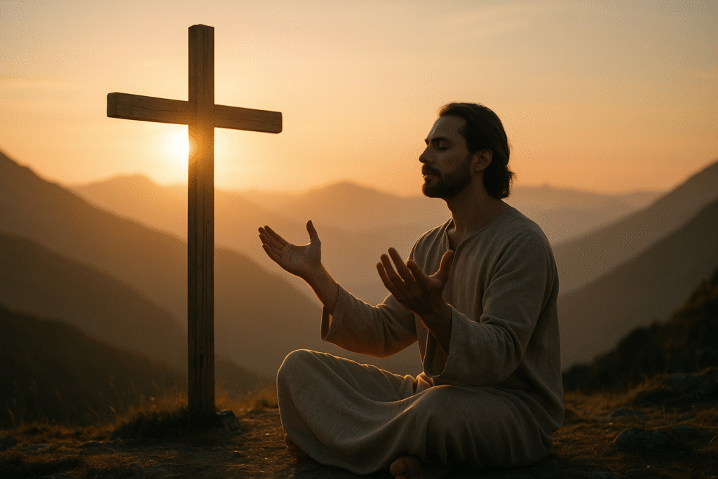 Homem orando ao lado de uma cruz, simbolizando transformação e amor profundo em Cristo.