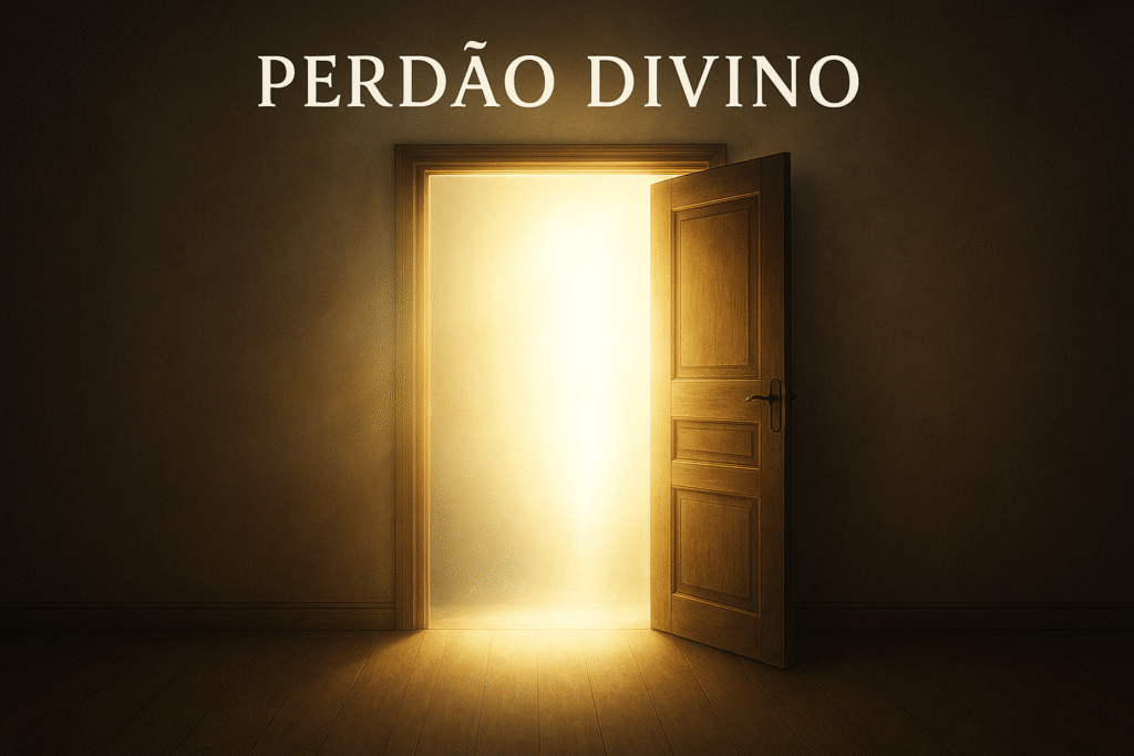 Porta aberta com luz, simbolizando o perdão divino e a reconciliação espiritual.