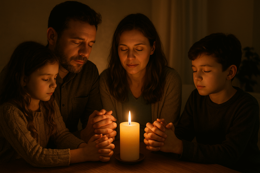 Família orando unida em torno de uma vela, simbolizando o amor de Cristo e a vida cristã.